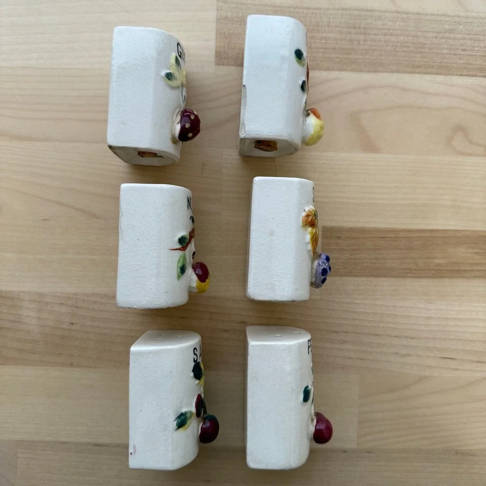 Vintage 50s Japanese Ceramic Hand Painted Fruit Motif Spice Shaker Set Six (6)